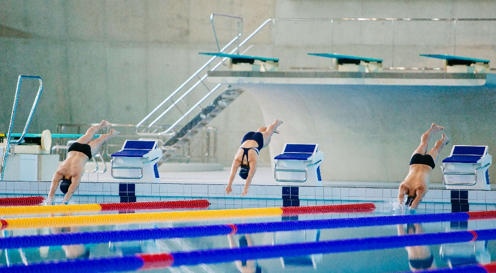 Swimmers diving from starting blocks into a competition pool, lined with colorful lane markers and diving platforms in the background.